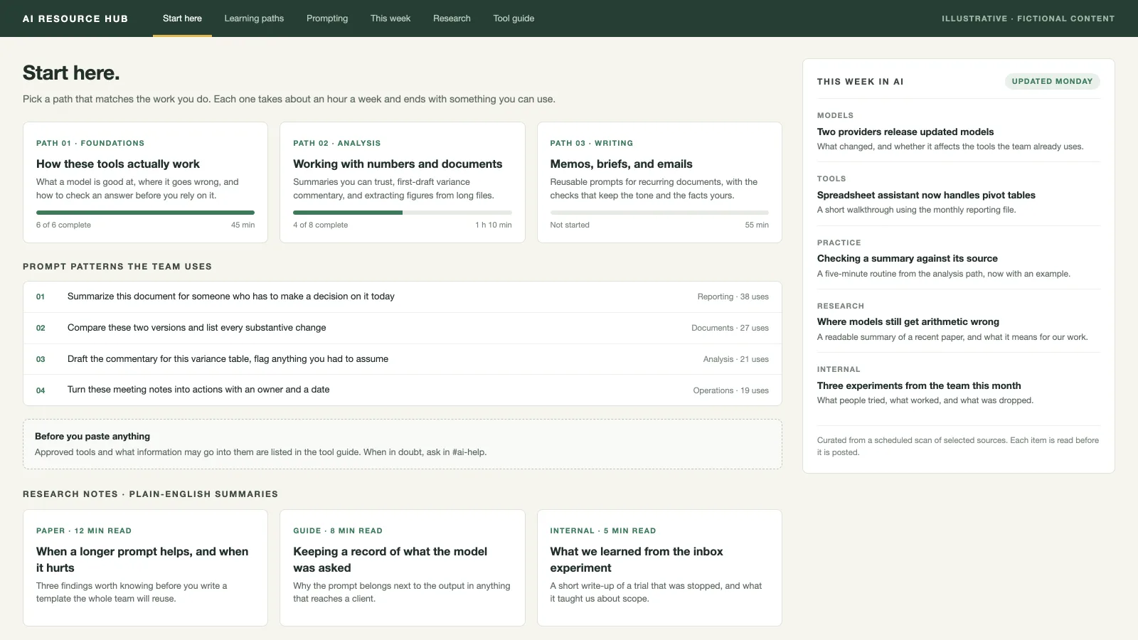 An internal AI resource hub, recreated with fictional content: learning paths, shared prompt patterns, and a weekly news panel.